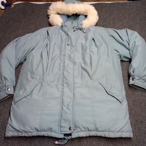 Bromley Sport Real Down Puffer Jacket Coat Women Large Blue Hooded Faux Fur‎